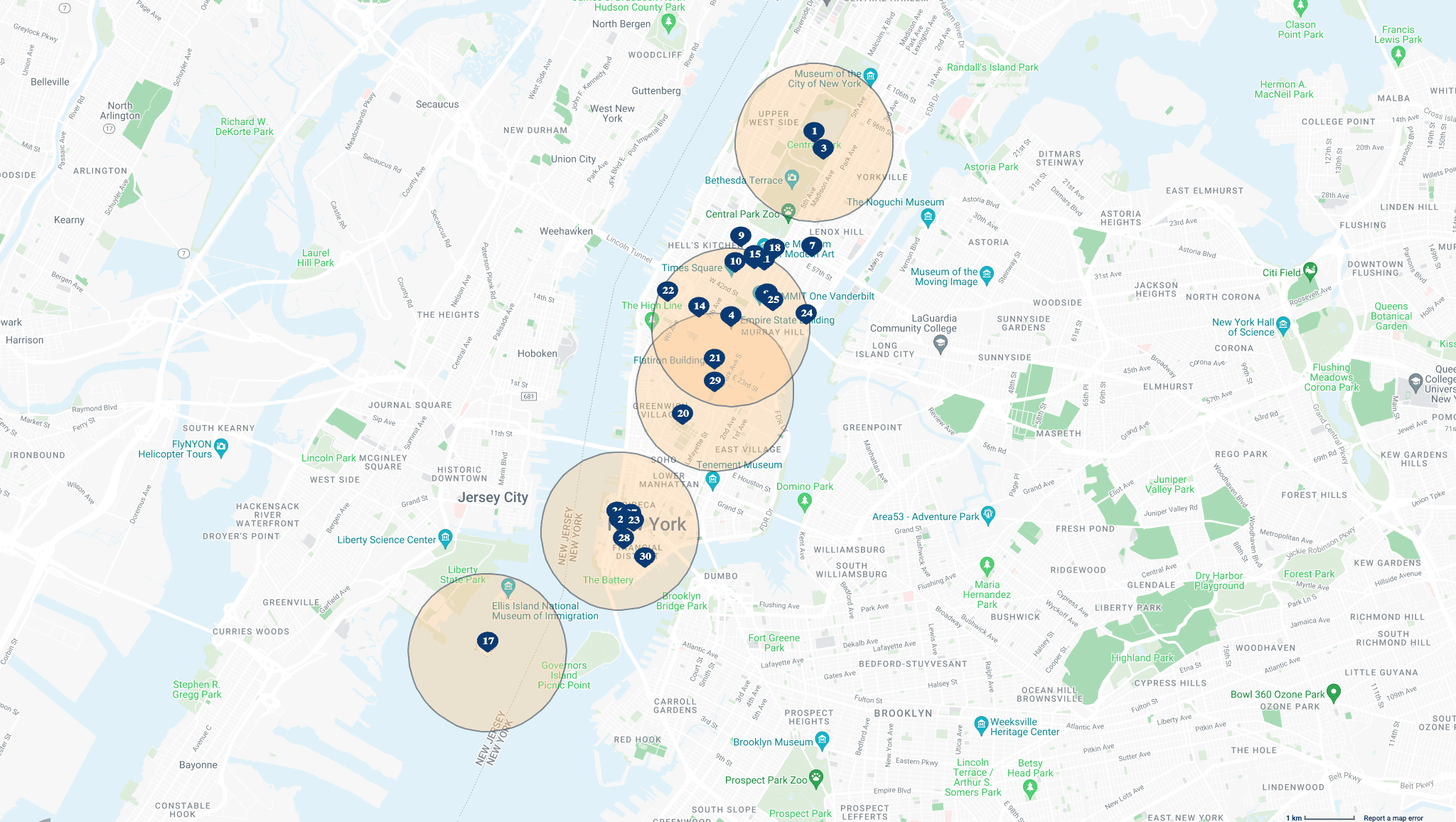 Radius map of New York showing distances between multiple pins.