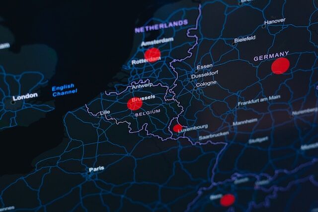 A company using a custom map with several pins to plan a delivery route across multiple countries.